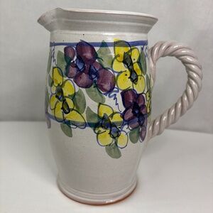 SJ Pottery Redware Pitcher Vase Hand Painted Twisted Applied Handle Made in USA